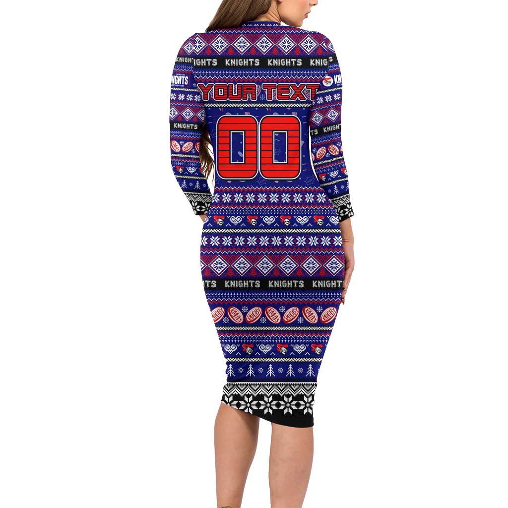 Personalized Knights Rugby Xmas Family Matching Long Sleeve Bodycon Dress and Hawaiian Shirt Australia NRL Mascot