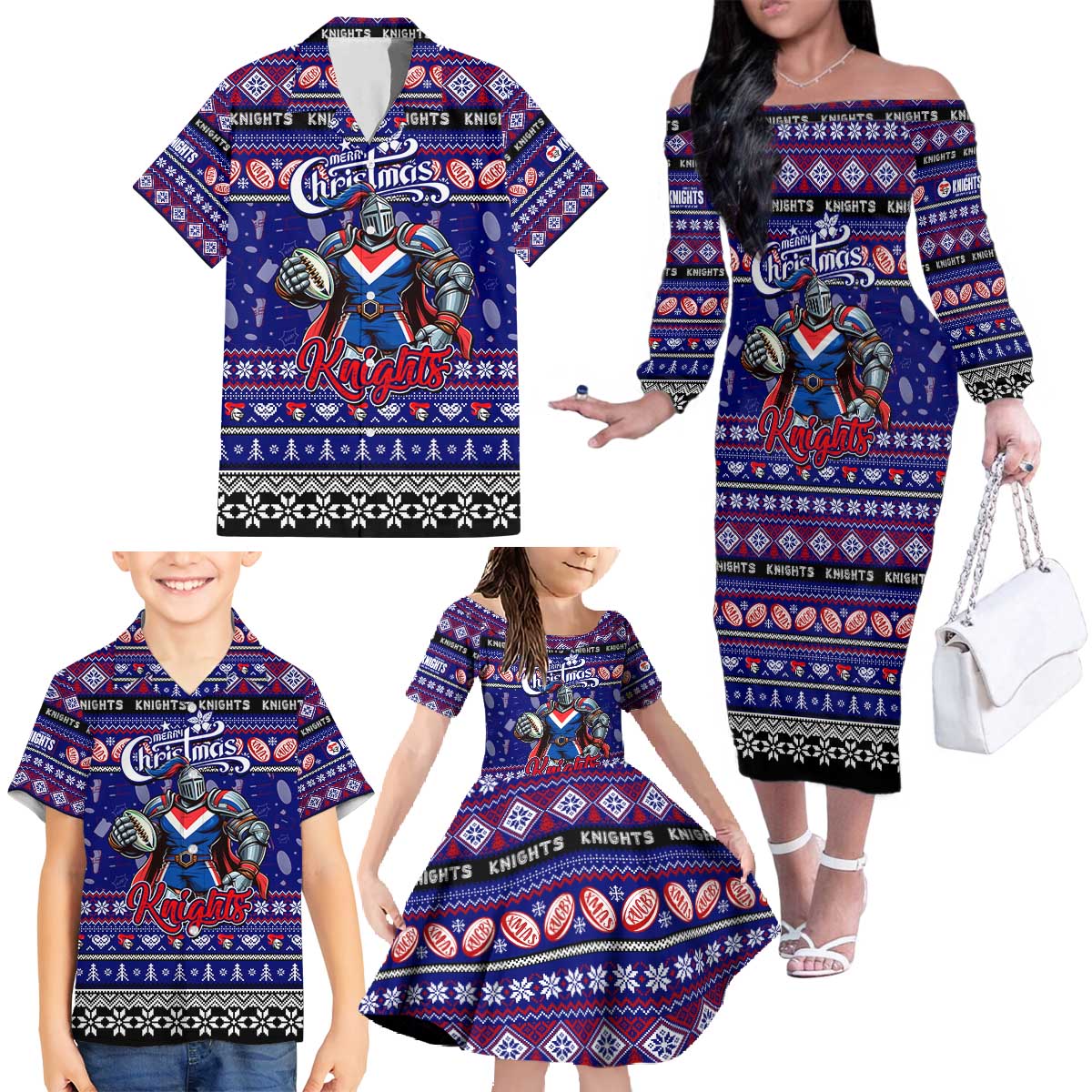 Personalized Knights Rugby Xmas Family Matching Off The Shoulder Long Sleeve Dress and Hawaiian Shirt Australia NRL Mascot