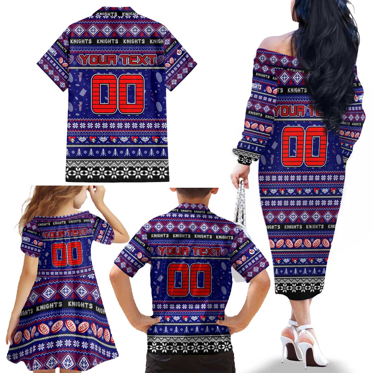 Personalized Knights Rugby Xmas Family Matching Off The Shoulder Long Sleeve Dress and Hawaiian Shirt Australia NRL Mascot