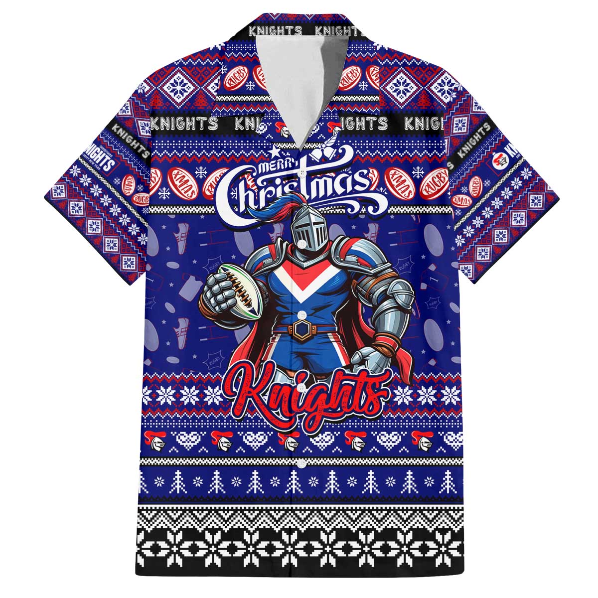 Personalized Knights Rugby Xmas Family Matching Off The Shoulder Long Sleeve Dress and Hawaiian Shirt Australia NRL Mascot