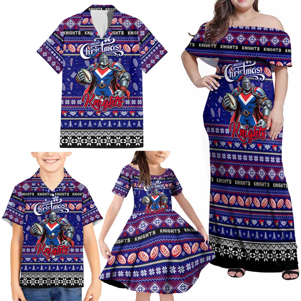 Personalized Knights Rugby Xmas Family Matching Off Shoulder Maxi Dress and Hawaiian Shirt Australia NRL Mascot