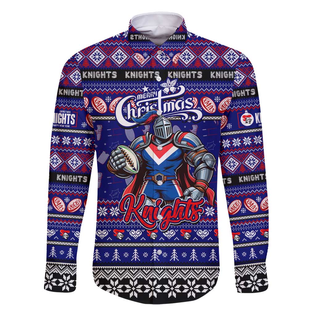 Personalized Knights Rugby Xmas Family Matching Off Shoulder Maxi Dress and Hawaiian Shirt Australia NRL Mascot