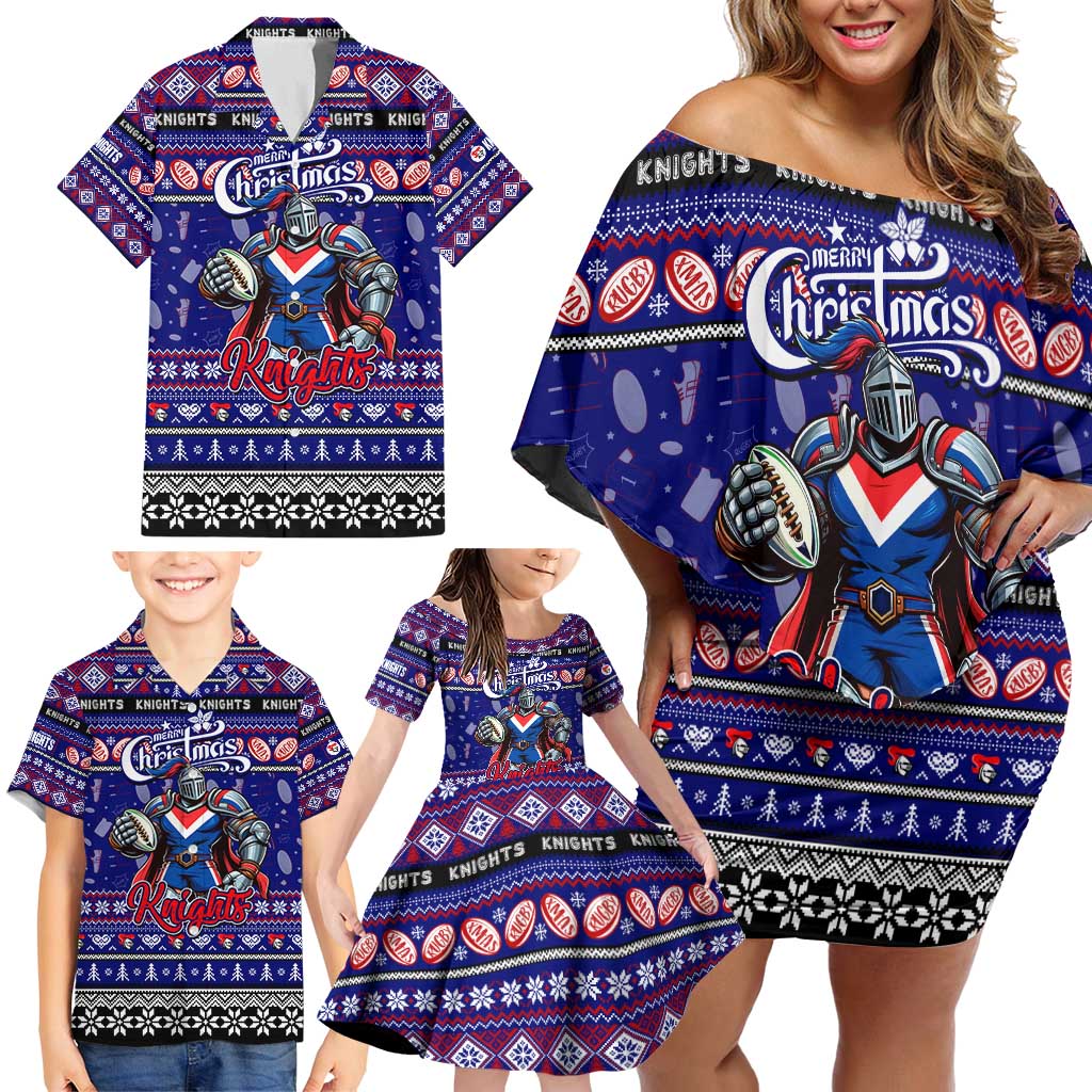 Personalized Knights Rugby Xmas Family Matching Off Shoulder Short Dress and Hawaiian Shirt Australia NRL Mascot