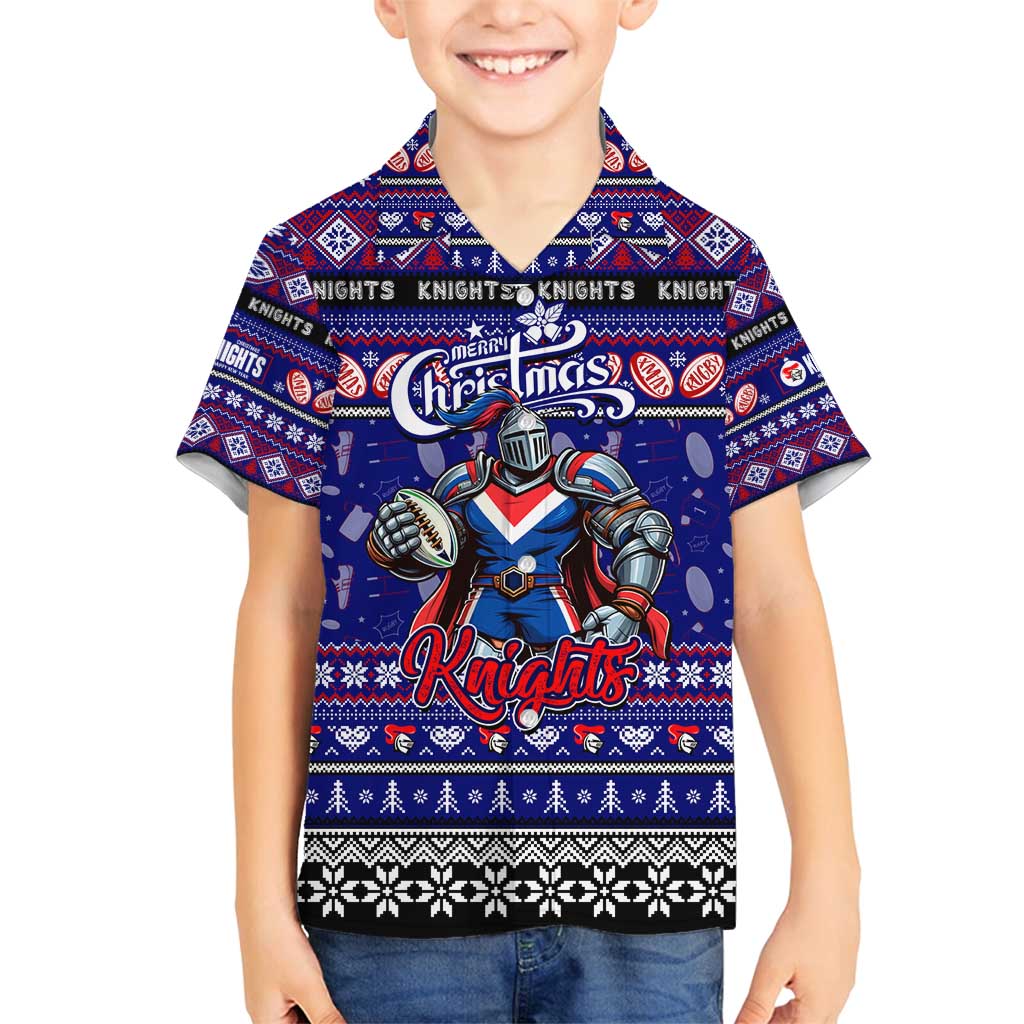 Personalized Knights Rugby Xmas Family Matching Off Shoulder Short Dress and Hawaiian Shirt Australia NRL Mascot