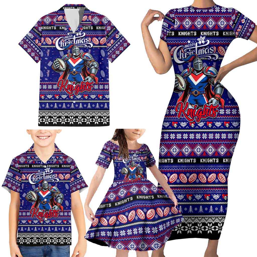 Personalized Knights Rugby Xmas Family Matching Short Sleeve Bodycon Dress and Hawaiian Shirt Australia NRL Mascot