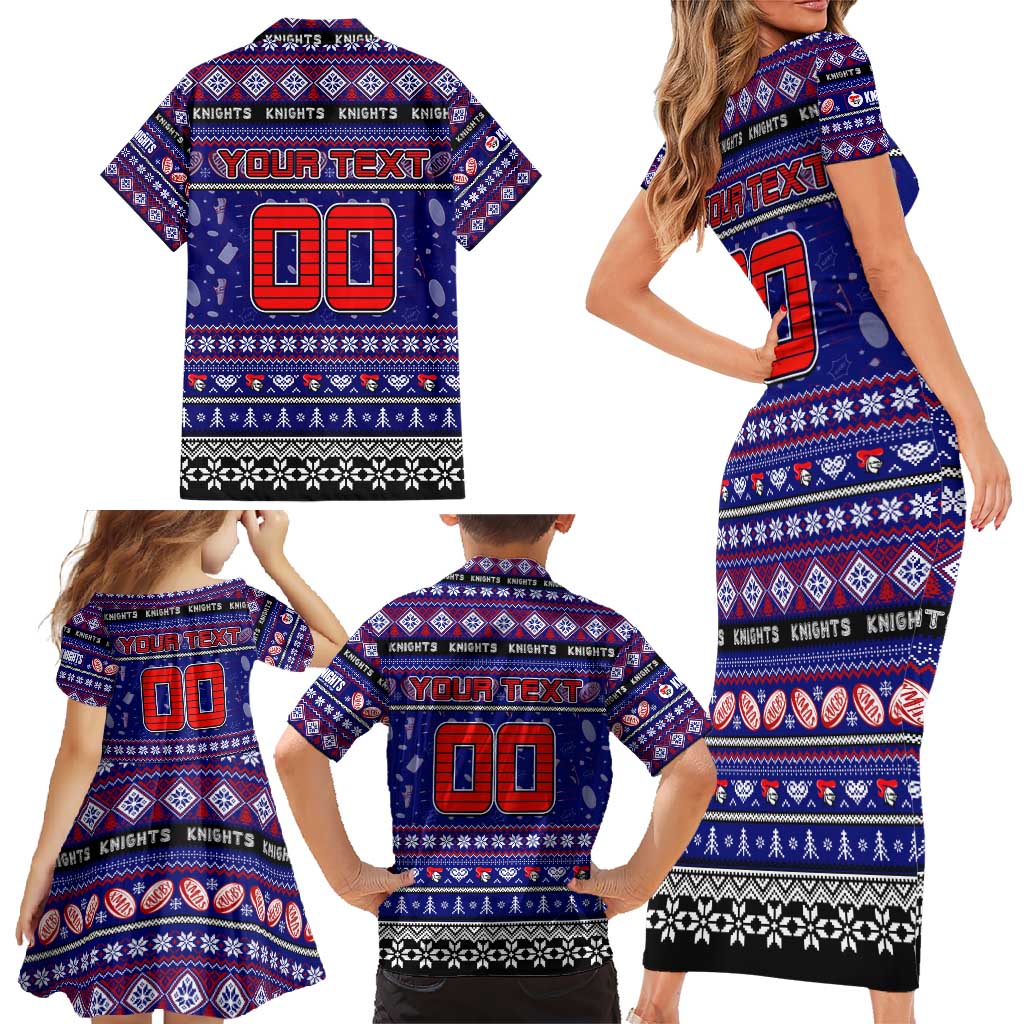 Personalized Knights Rugby Xmas Family Matching Short Sleeve Bodycon Dress and Hawaiian Shirt Australia NRL Mascot