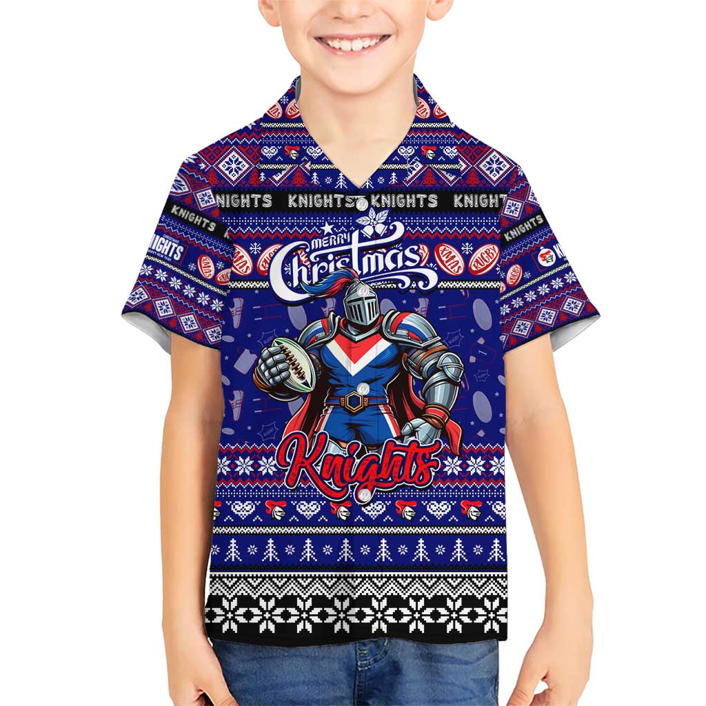 Personalized Knights Rugby Xmas Family Matching Short Sleeve Bodycon Dress and Hawaiian Shirt Australia NRL Mascot