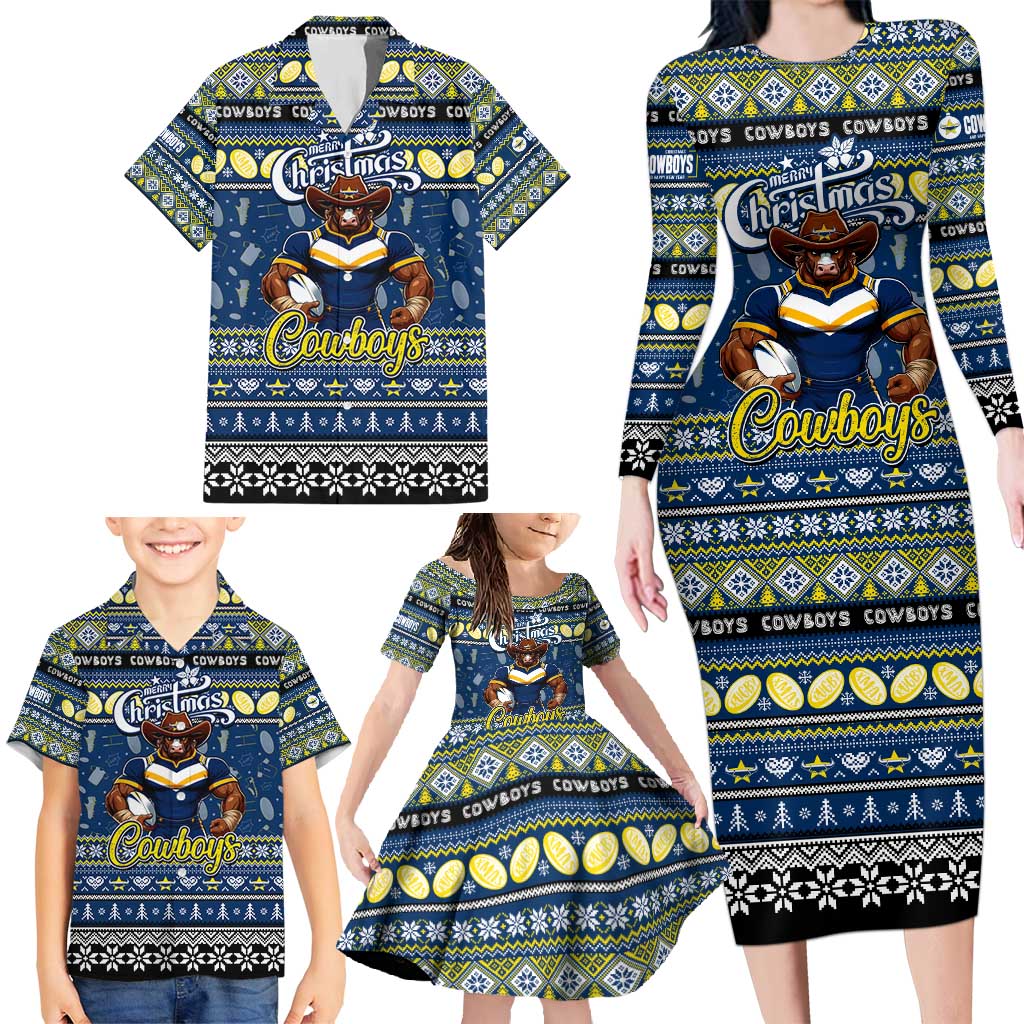 Personalized Cowboys Rugby Xmas Family Matching Long Sleeve Bodycon Dress and Hawaiian Shirt Australia NRL Mascot