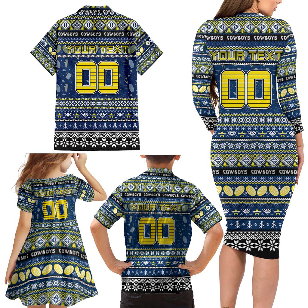 Personalized Cowboys Rugby Xmas Family Matching Long Sleeve Bodycon Dress and Hawaiian Shirt Australia NRL Mascot