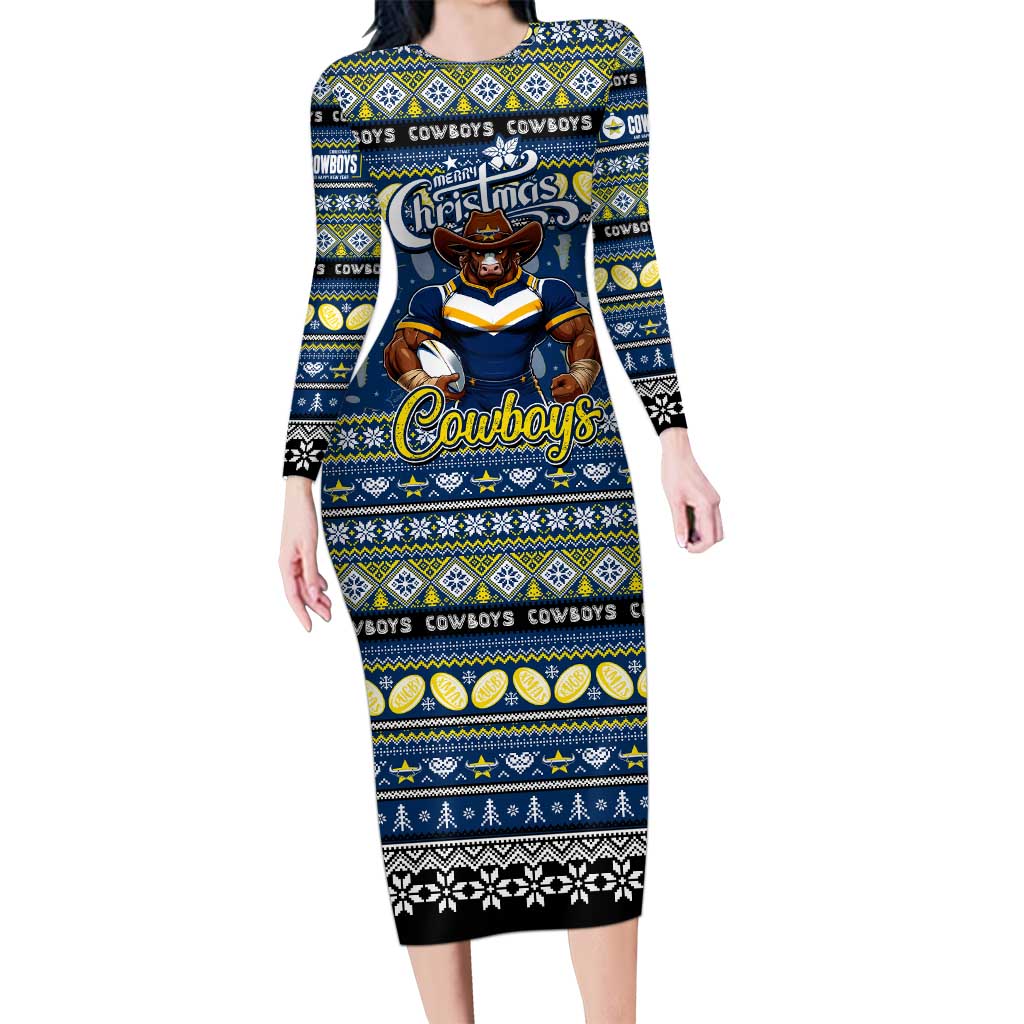 Personalized Cowboys Rugby Xmas Family Matching Long Sleeve Bodycon Dress and Hawaiian Shirt Australia NRL Mascot