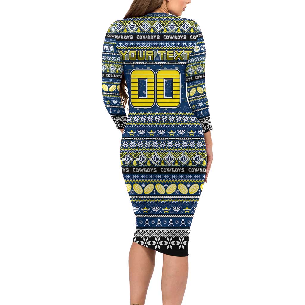 Personalized Cowboys Rugby Xmas Family Matching Long Sleeve Bodycon Dress and Hawaiian Shirt Australia NRL Mascot