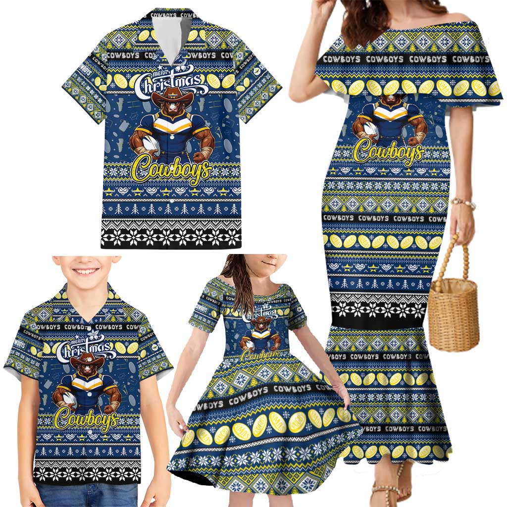 Personalized Cowboys Rugby Xmas Family Matching Mermaid Dress and Hawaiian Shirt Australia NRL Mascot