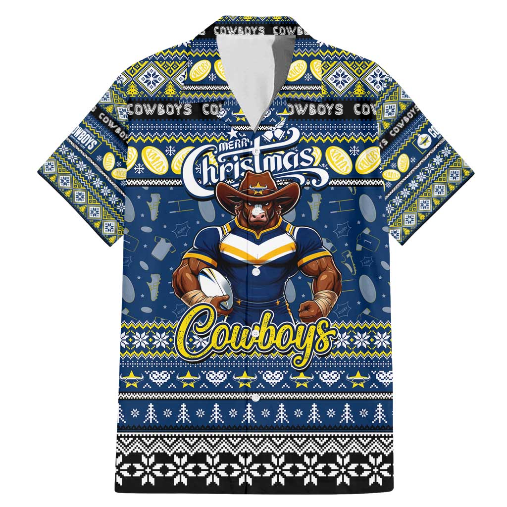 Personalized Cowboys Rugby Xmas Family Matching Mermaid Dress and Hawaiian Shirt Australia NRL Mascot