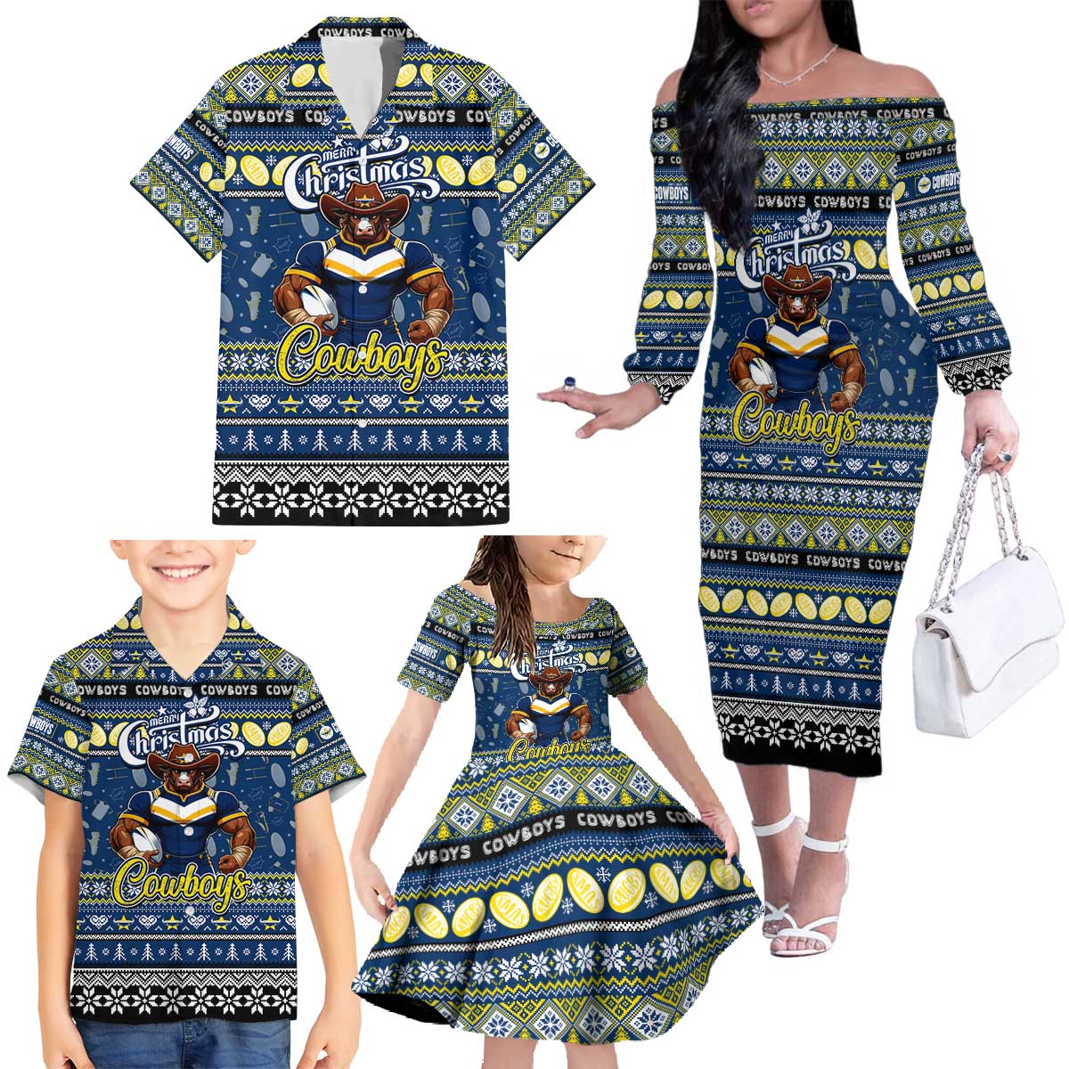 Personalized Cowboys Rugby Xmas Family Matching Off The Shoulder Long Sleeve Dress and Hawaiian Shirt Australia NRL Mascot