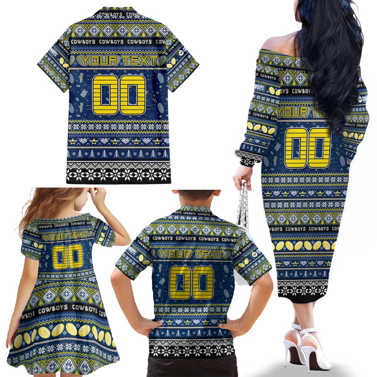 Personalized Cowboys Rugby Xmas Family Matching Off The Shoulder Long Sleeve Dress and Hawaiian Shirt Australia NRL Mascot
