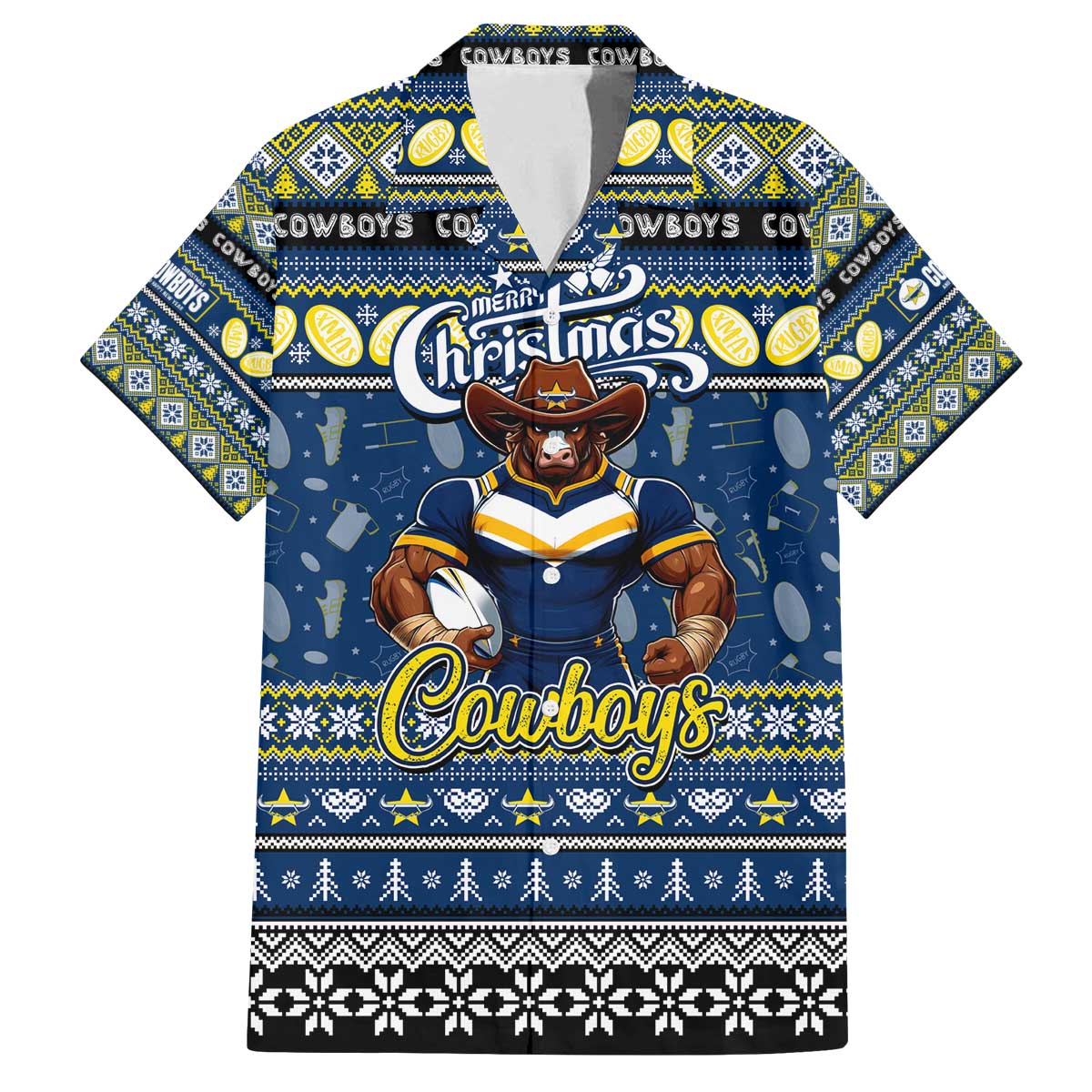 Personalized Cowboys Rugby Xmas Family Matching Off The Shoulder Long Sleeve Dress and Hawaiian Shirt Australia NRL Mascot