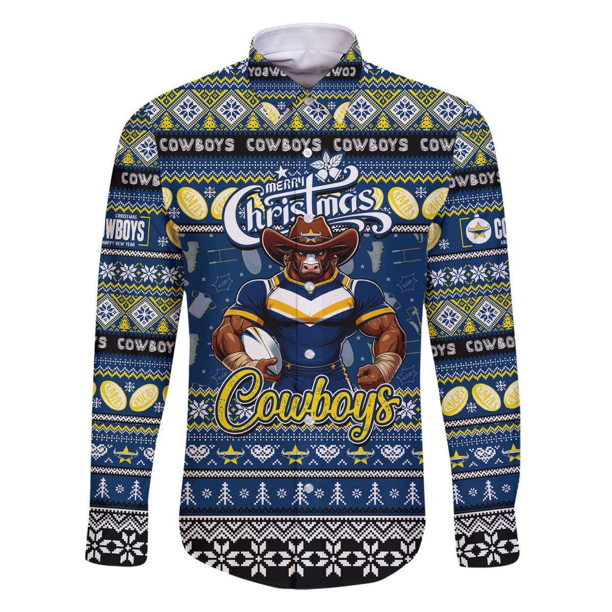 Personalized Cowboys Rugby Xmas Family Matching Off The Shoulder Long Sleeve Dress and Hawaiian Shirt Australia NRL Mascot
