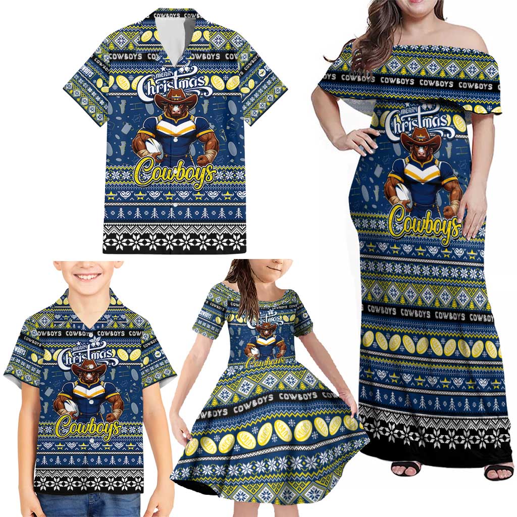 Personalized Cowboys Rugby Xmas Family Matching Off Shoulder Maxi Dress and Hawaiian Shirt Australia NRL Mascot