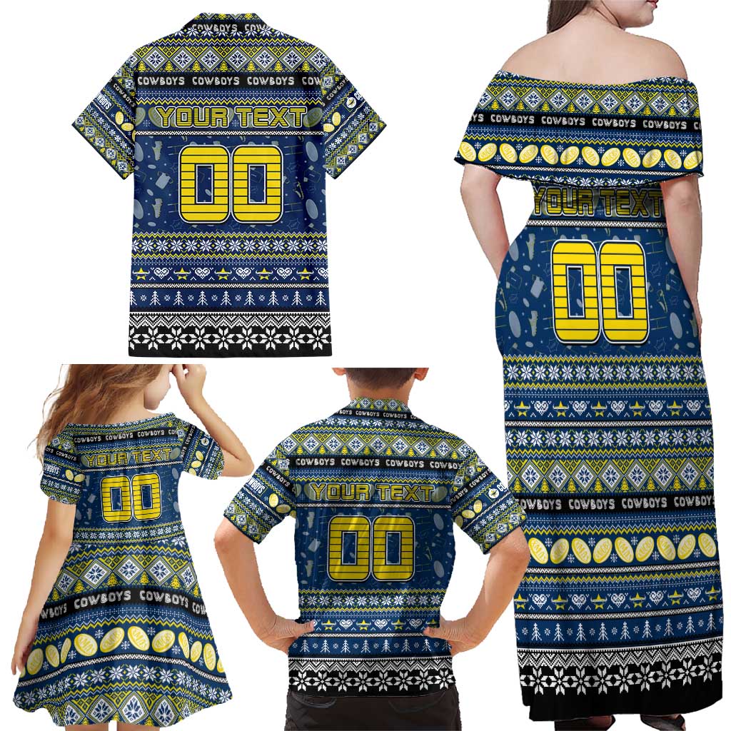 Personalized Cowboys Rugby Xmas Family Matching Off Shoulder Maxi Dress and Hawaiian Shirt Australia NRL Mascot