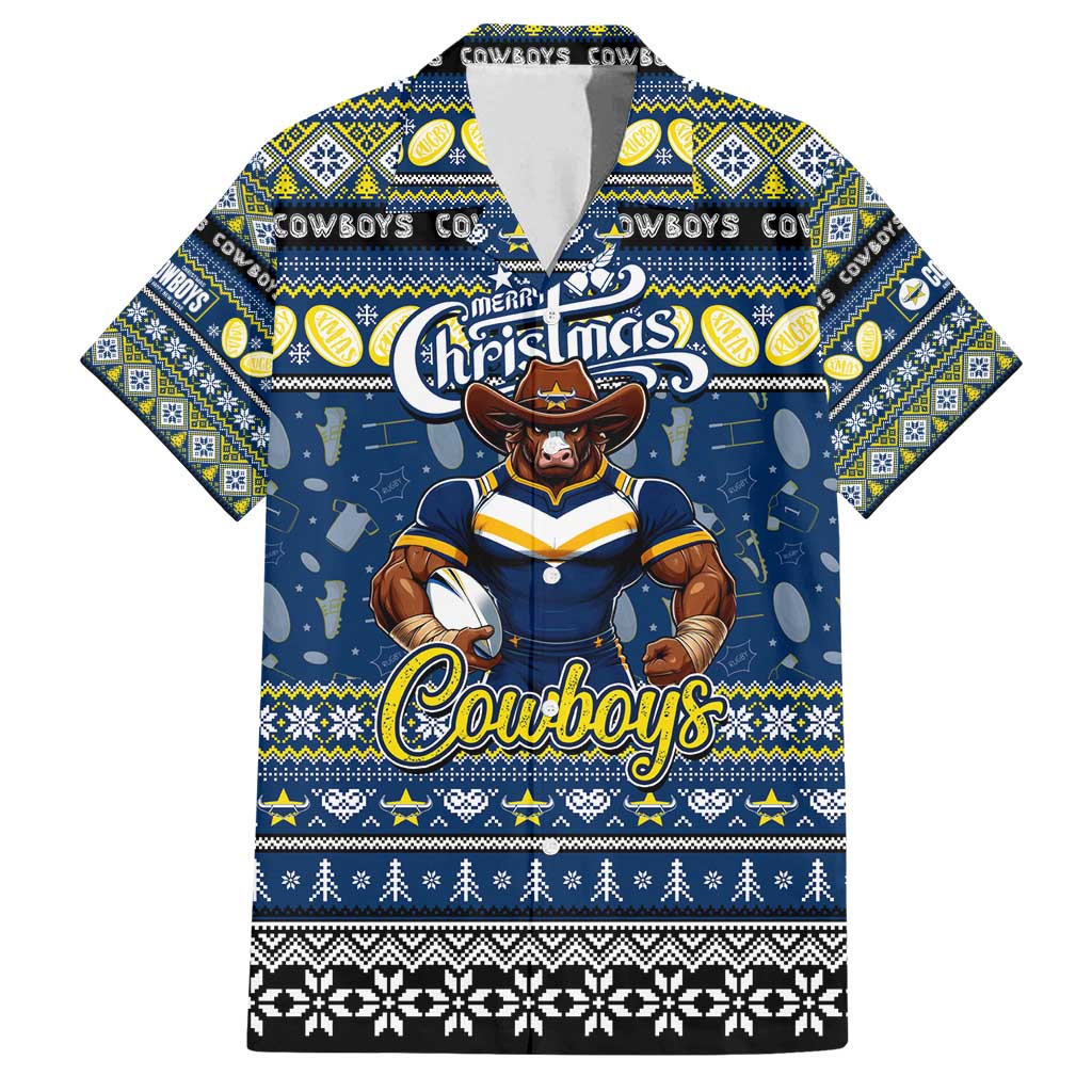 Personalized Cowboys Rugby Xmas Family Matching Off Shoulder Maxi Dress and Hawaiian Shirt Australia NRL Mascot