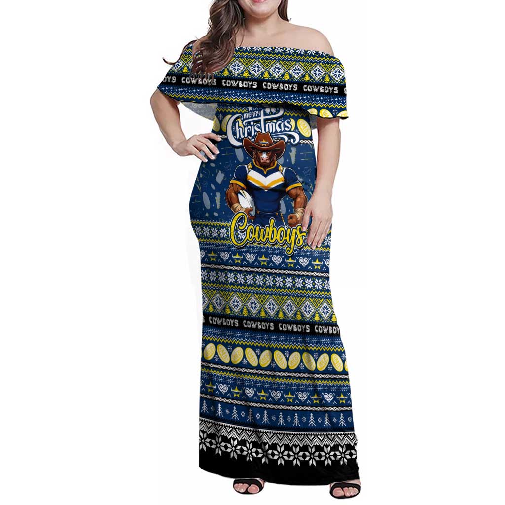 Personalized Cowboys Rugby Xmas Family Matching Off Shoulder Maxi Dress and Hawaiian Shirt Australia NRL Mascot