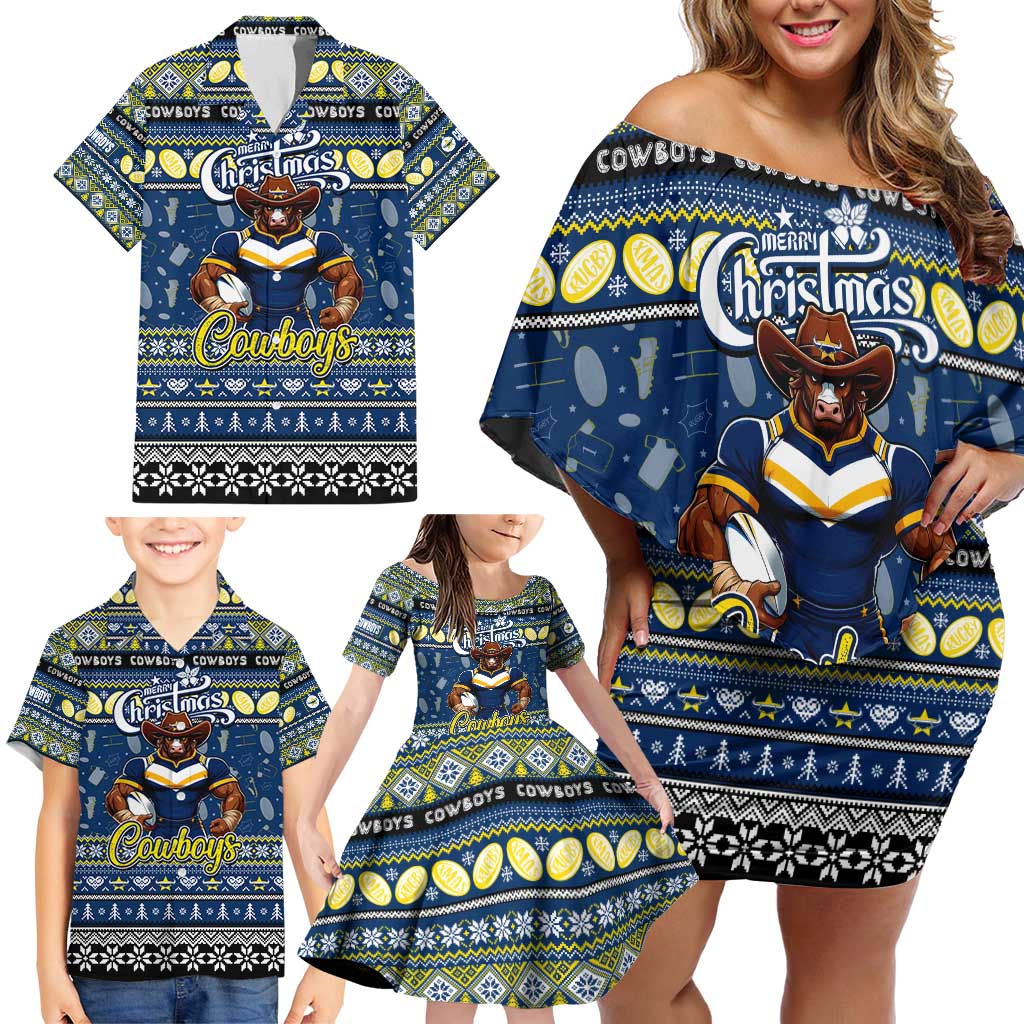 Personalized Cowboys Rugby Xmas Family Matching Off Shoulder Short Dress and Hawaiian Shirt Australia NRL Mascot
