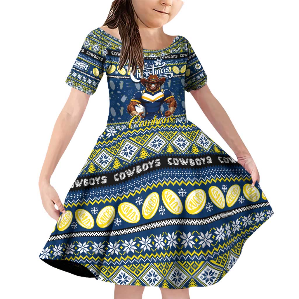 Personalized Cowboys Rugby Xmas Family Matching Off Shoulder Short Dress and Hawaiian Shirt Australia NRL Mascot