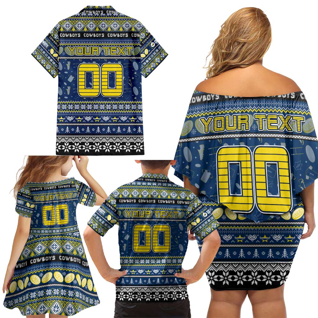 Personalized Cowboys Rugby Xmas Family Matching Off Shoulder Short Dress and Hawaiian Shirt Australia NRL Mascot