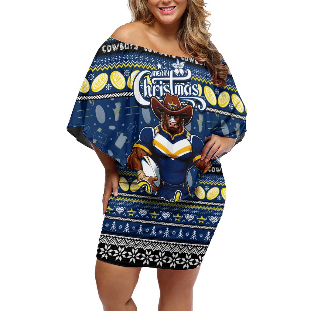 Personalized Cowboys Rugby Xmas Family Matching Off Shoulder Short Dress and Hawaiian Shirt Australia NRL Mascot