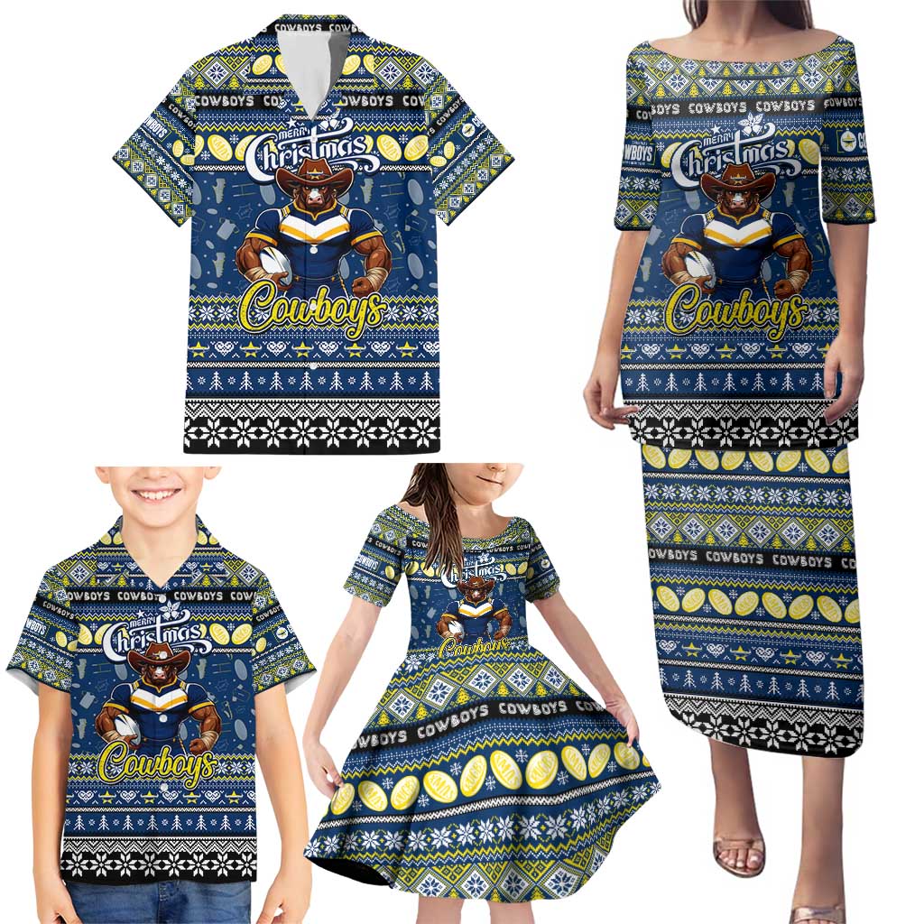 Personalized Cowboys Rugby Xmas Family Matching Puletasi and Hawaiian Shirt Australia NRL Mascot