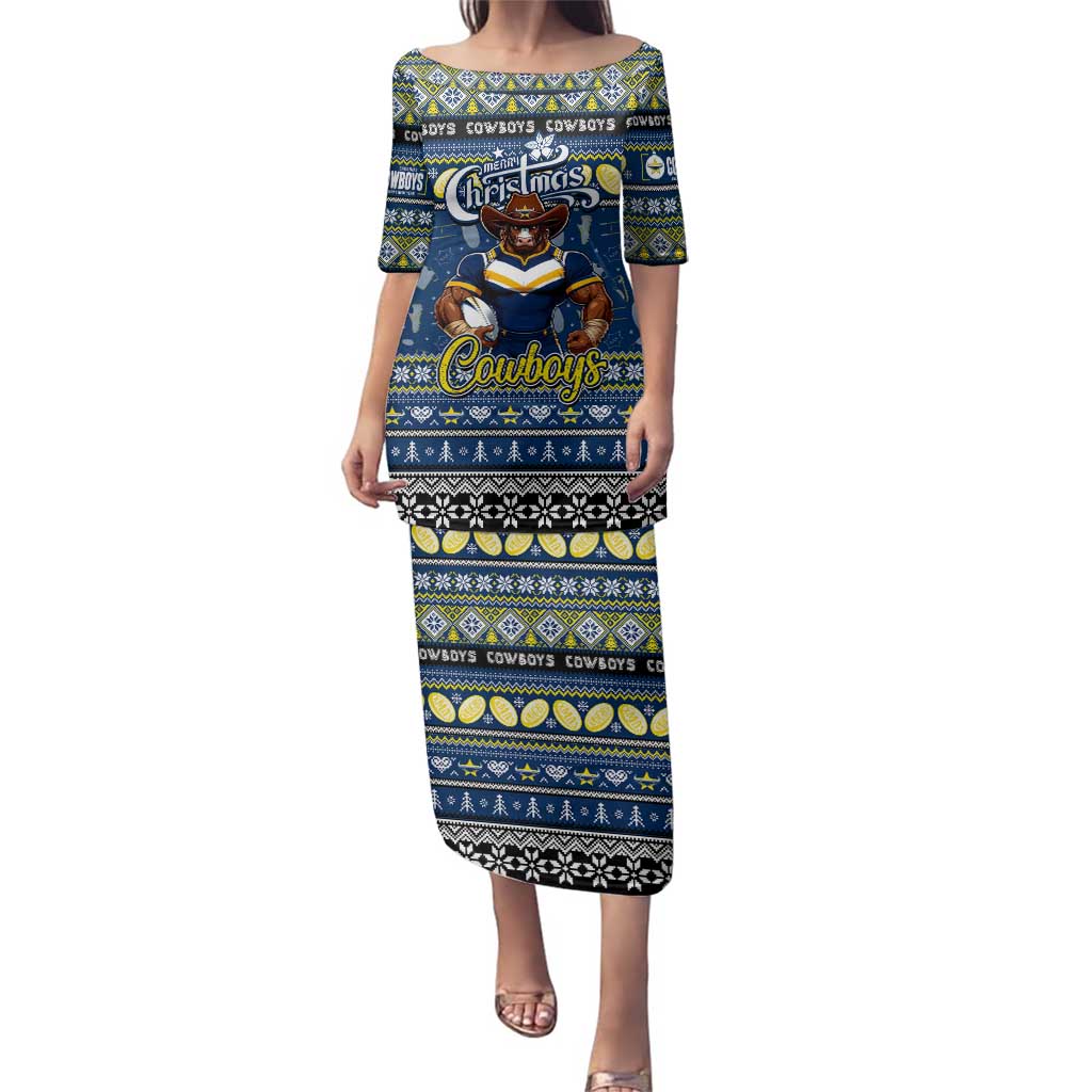 Personalized Cowboys Rugby Xmas Family Matching Puletasi and Hawaiian Shirt Australia NRL Mascot