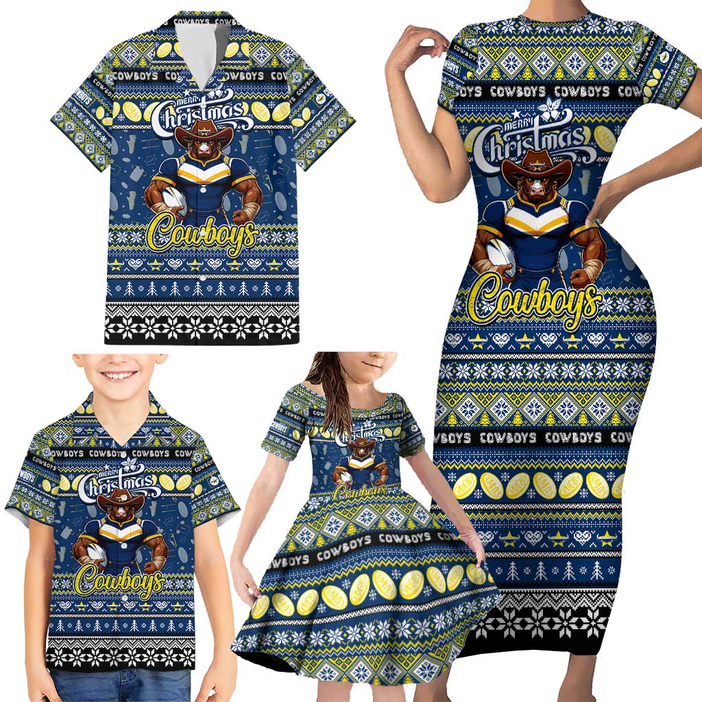 Personalized Cowboys Rugby Xmas Family Matching Short Sleeve Bodycon Dress and Hawaiian Shirt Australia NRL Mascot