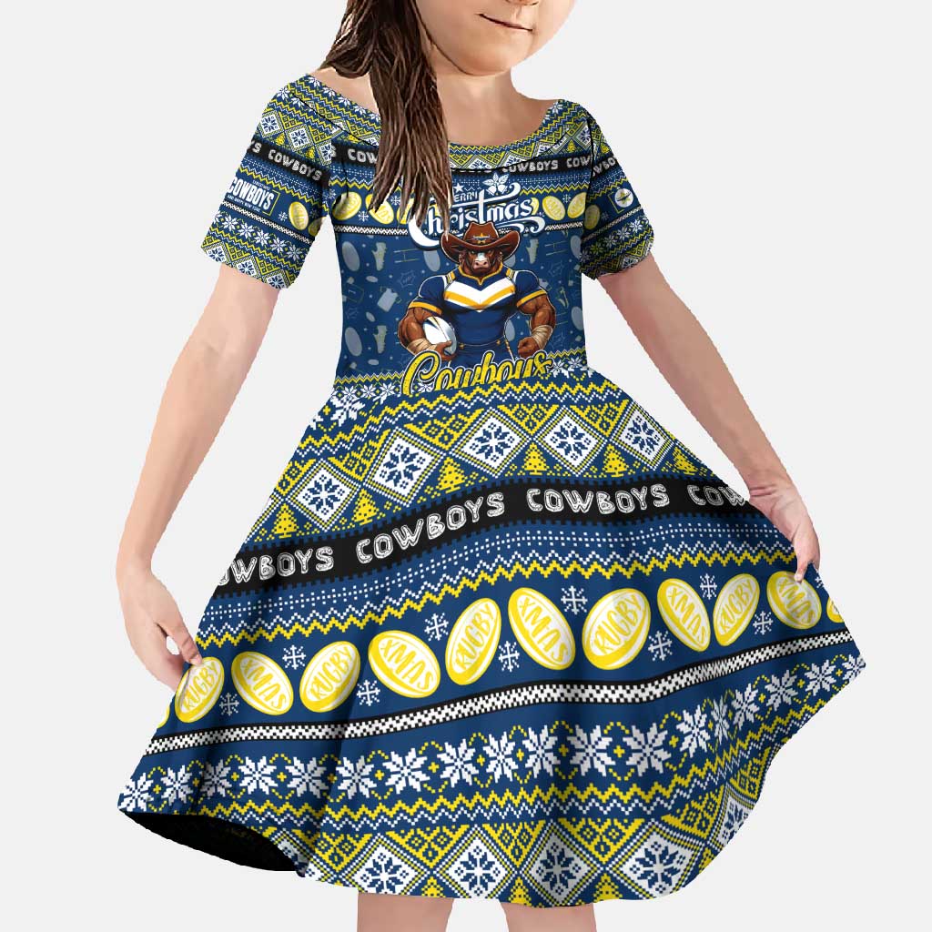 Personalized Cowboys Rugby Xmas Family Matching Short Sleeve Bodycon Dress and Hawaiian Shirt Australia NRL Mascot