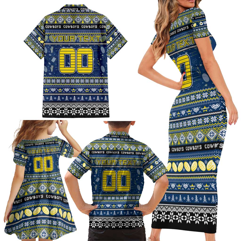 Personalized Cowboys Rugby Xmas Family Matching Short Sleeve Bodycon Dress and Hawaiian Shirt Australia NRL Mascot
