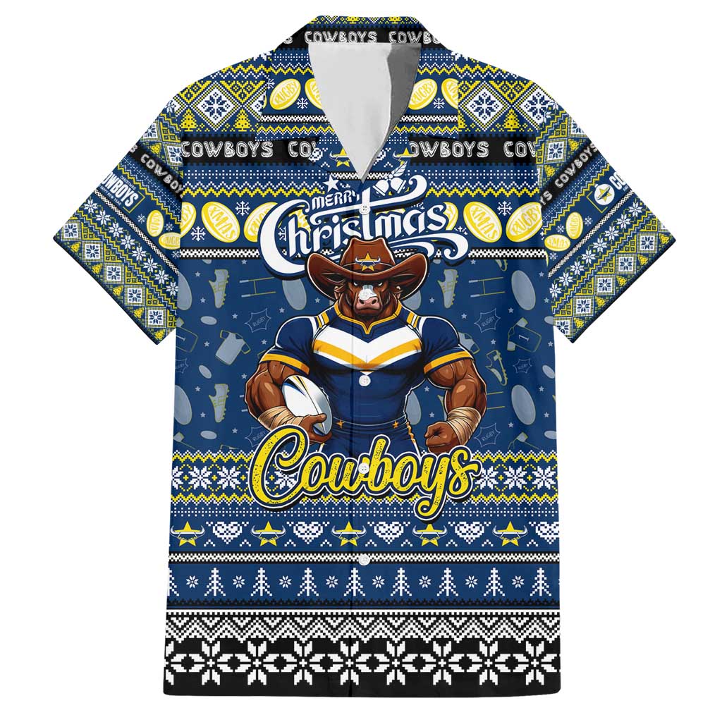 Personalized Cowboys Rugby Xmas Family Matching Short Sleeve Bodycon Dress and Hawaiian Shirt Australia NRL Mascot
