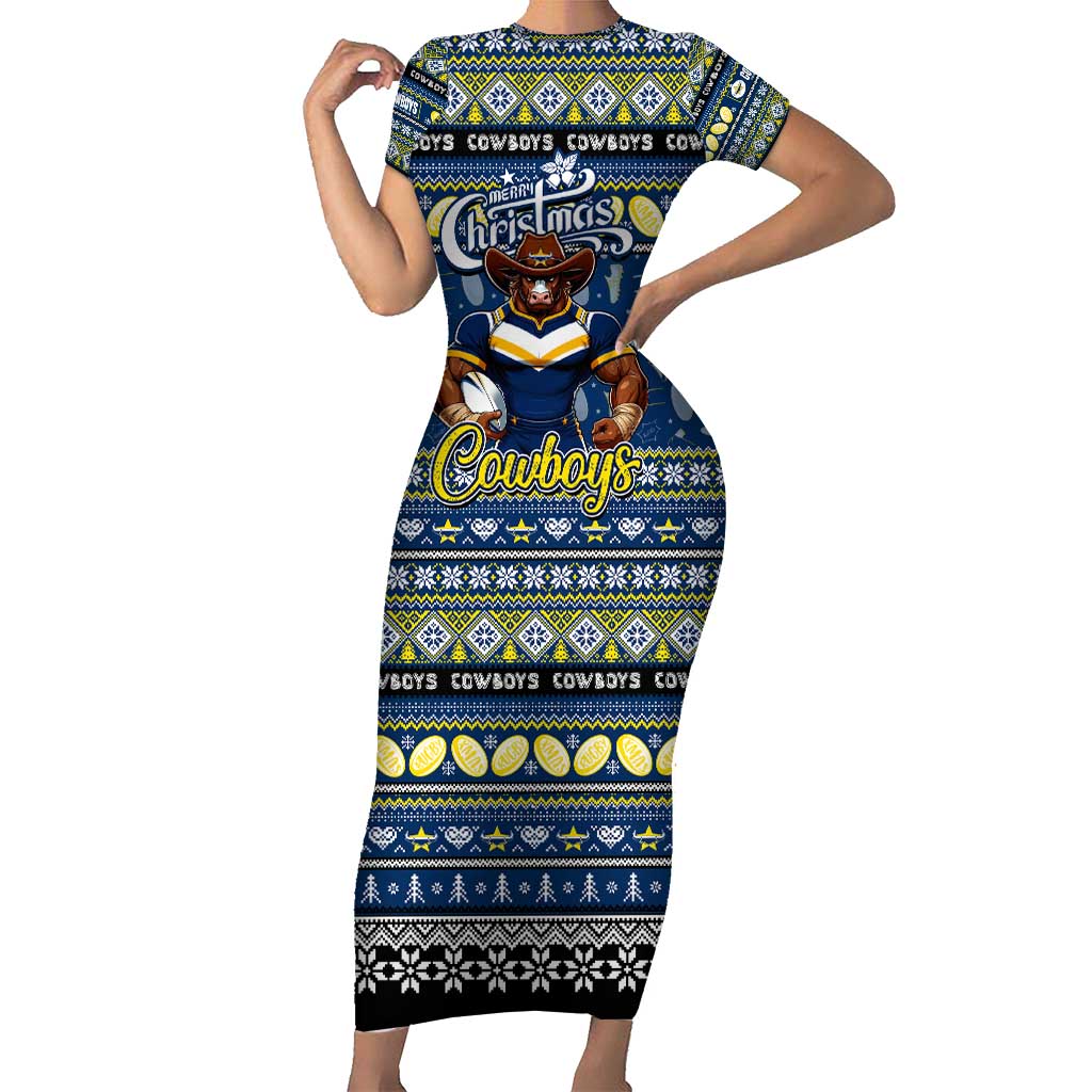 Personalized Cowboys Rugby Xmas Family Matching Short Sleeve Bodycon Dress and Hawaiian Shirt Australia NRL Mascot