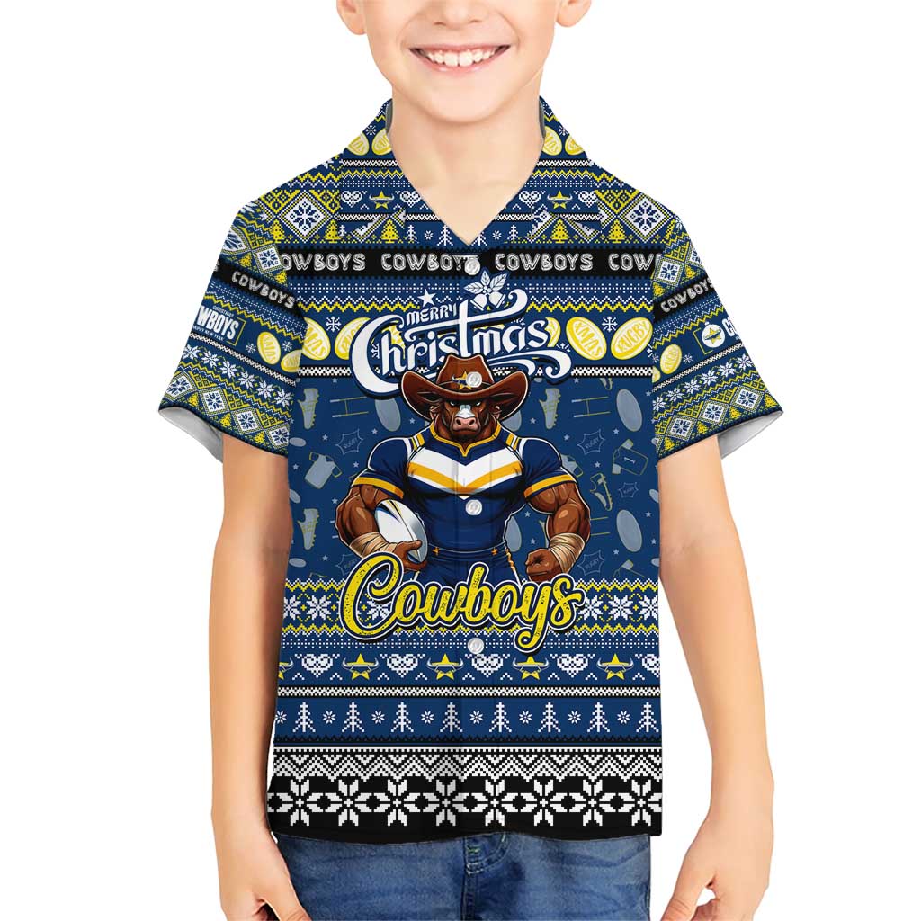 Personalized Cowboys Rugby Xmas Family Matching Short Sleeve Bodycon Dress and Hawaiian Shirt Australia NRL Mascot