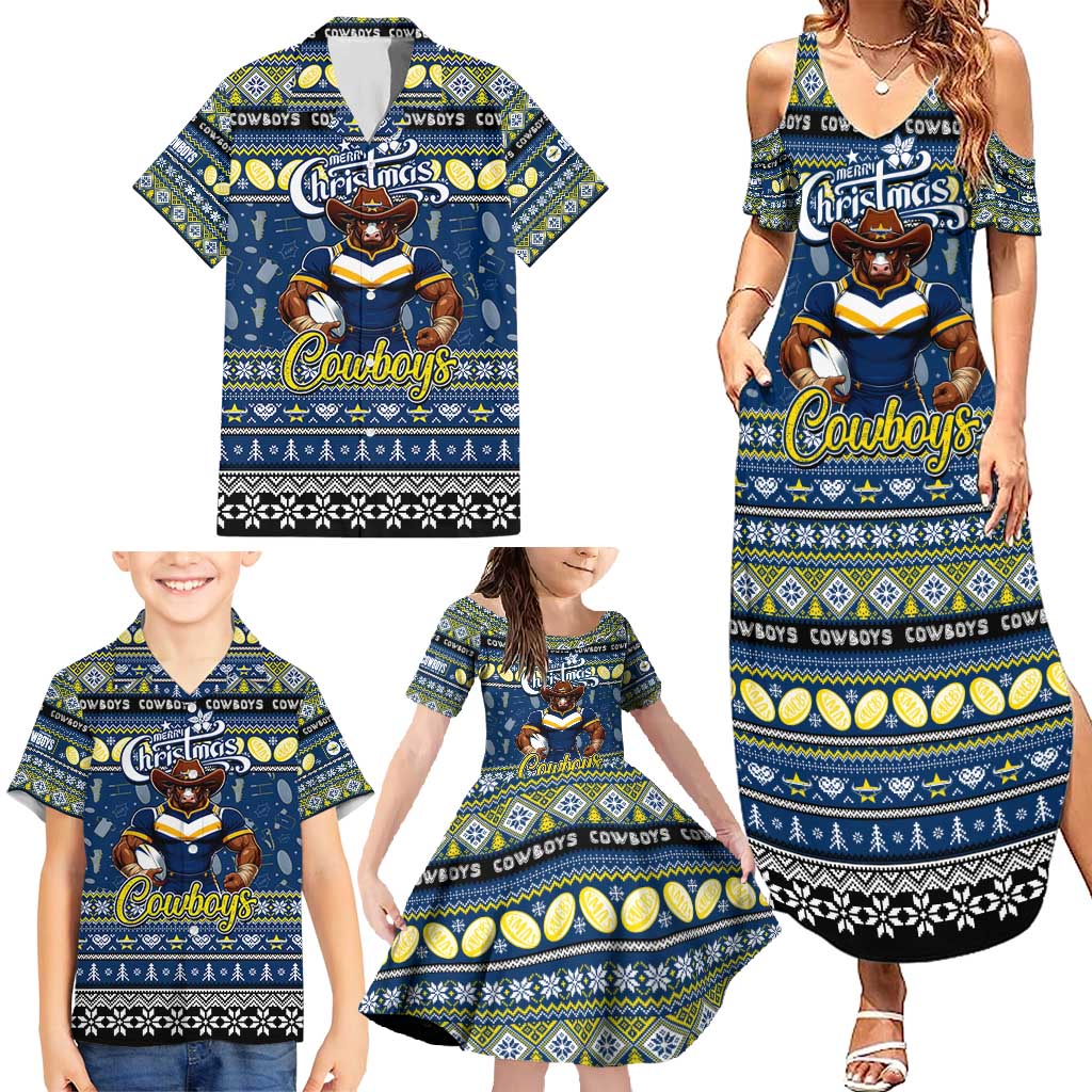 Personalized Cowboys Rugby Xmas Family Matching Summer Maxi Dress and Hawaiian Shirt Australia NRL Mascot