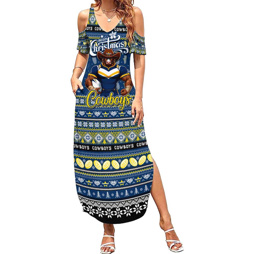 Personalized Cowboys Rugby Xmas Family Matching Summer Maxi Dress and Hawaiian Shirt Australia NRL Mascot