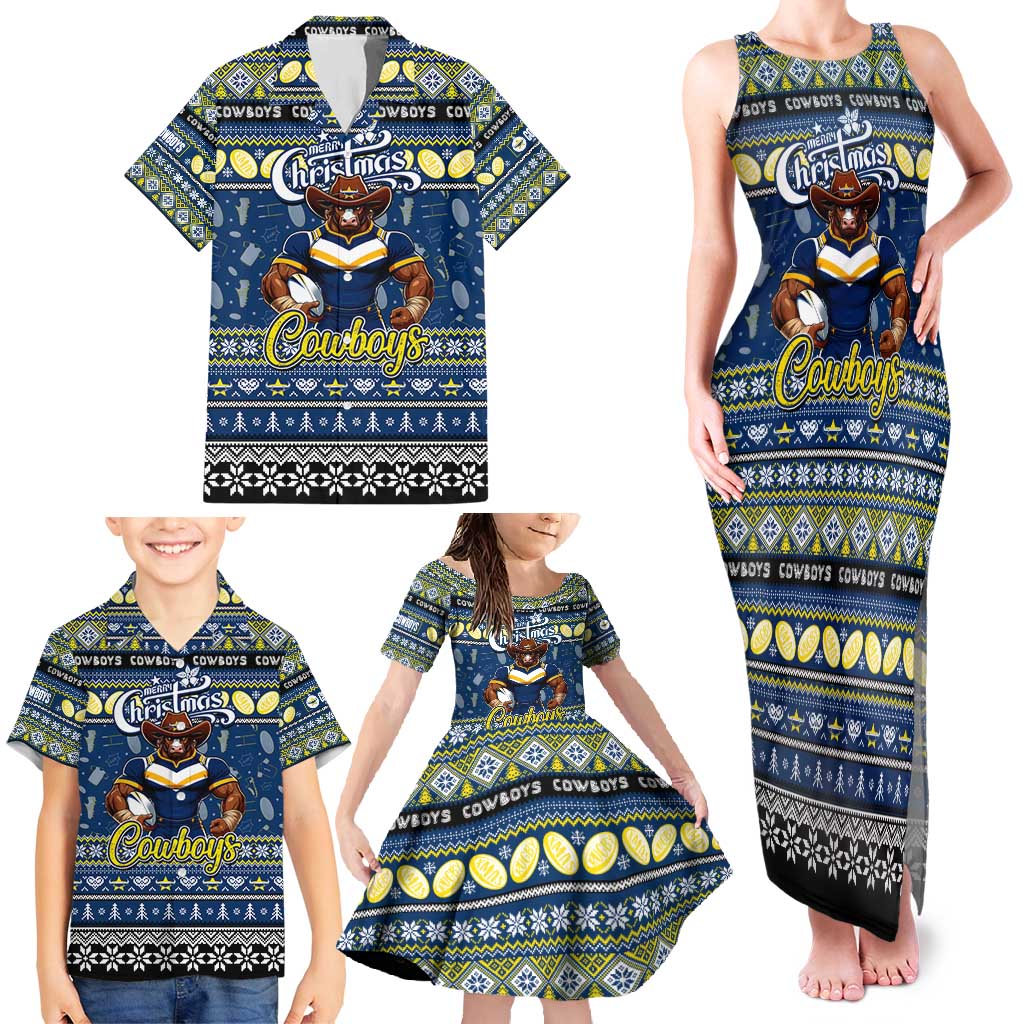 Personalized Cowboys Rugby Xmas Family Matching Tank Maxi Dress and Hawaiian Shirt Australia NRL Mascot