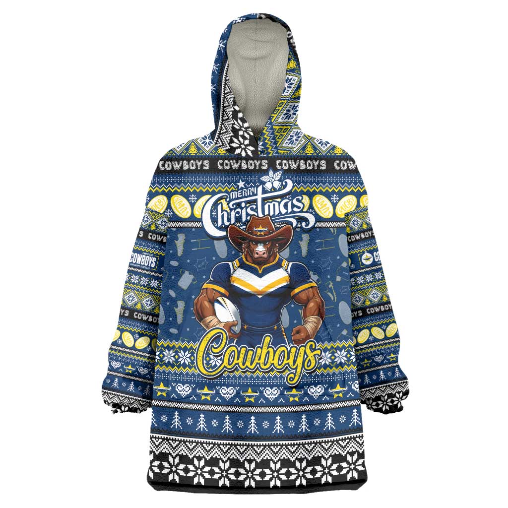 Personalized Cowboys Rugby Xmas Wearable Blanket Hoodie Australia NRL Mascot - Vibe Hoodie Shop