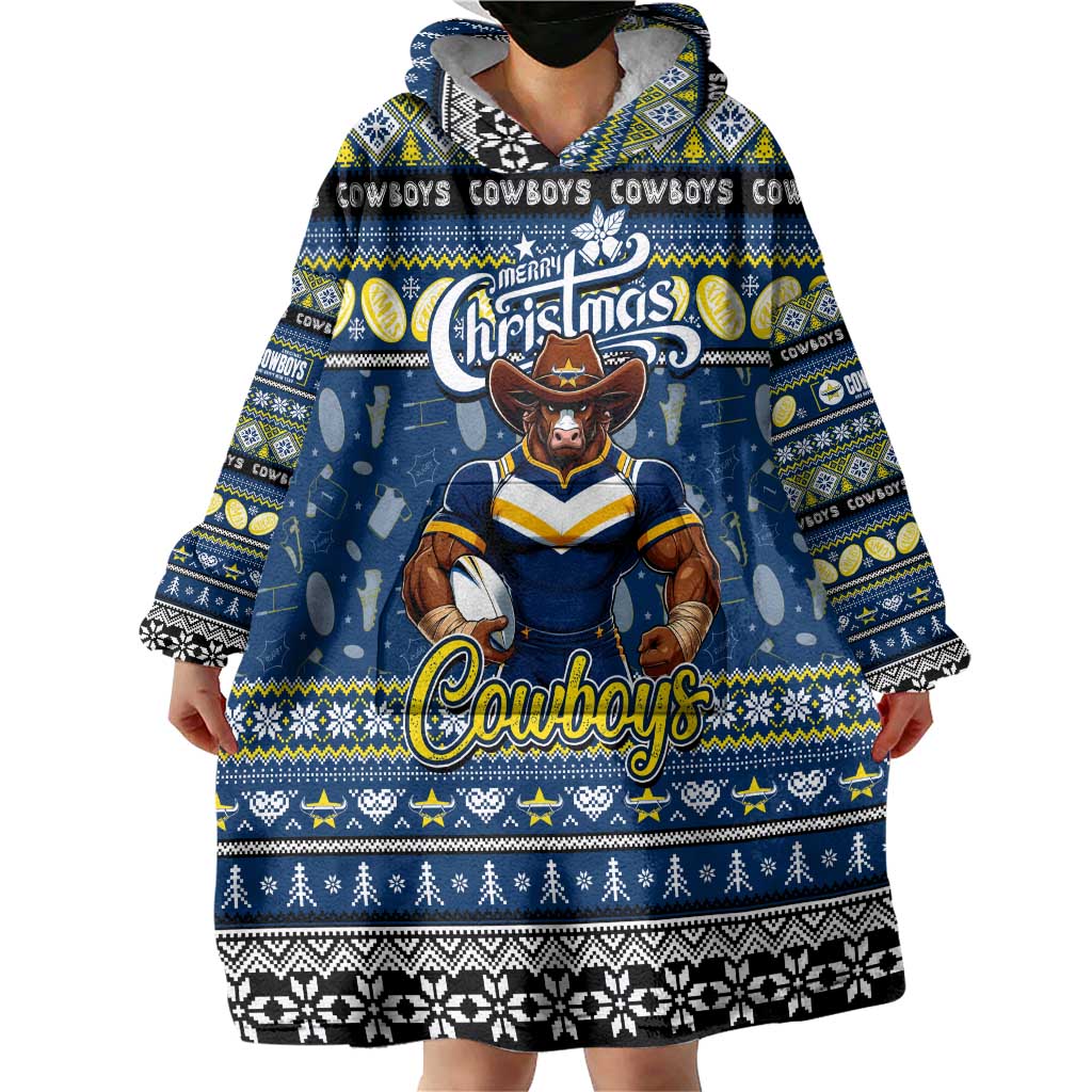 Personalized Cowboys Rugby Xmas Wearable Blanket Hoodie Australia NRL Mascot - Vibe Hoodie Shop