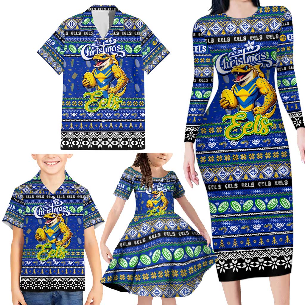 Personalized Eels Rugby Xmas Family Matching Long Sleeve Bodycon Dress and Hawaiian Shirt Australia NRL Mascot
