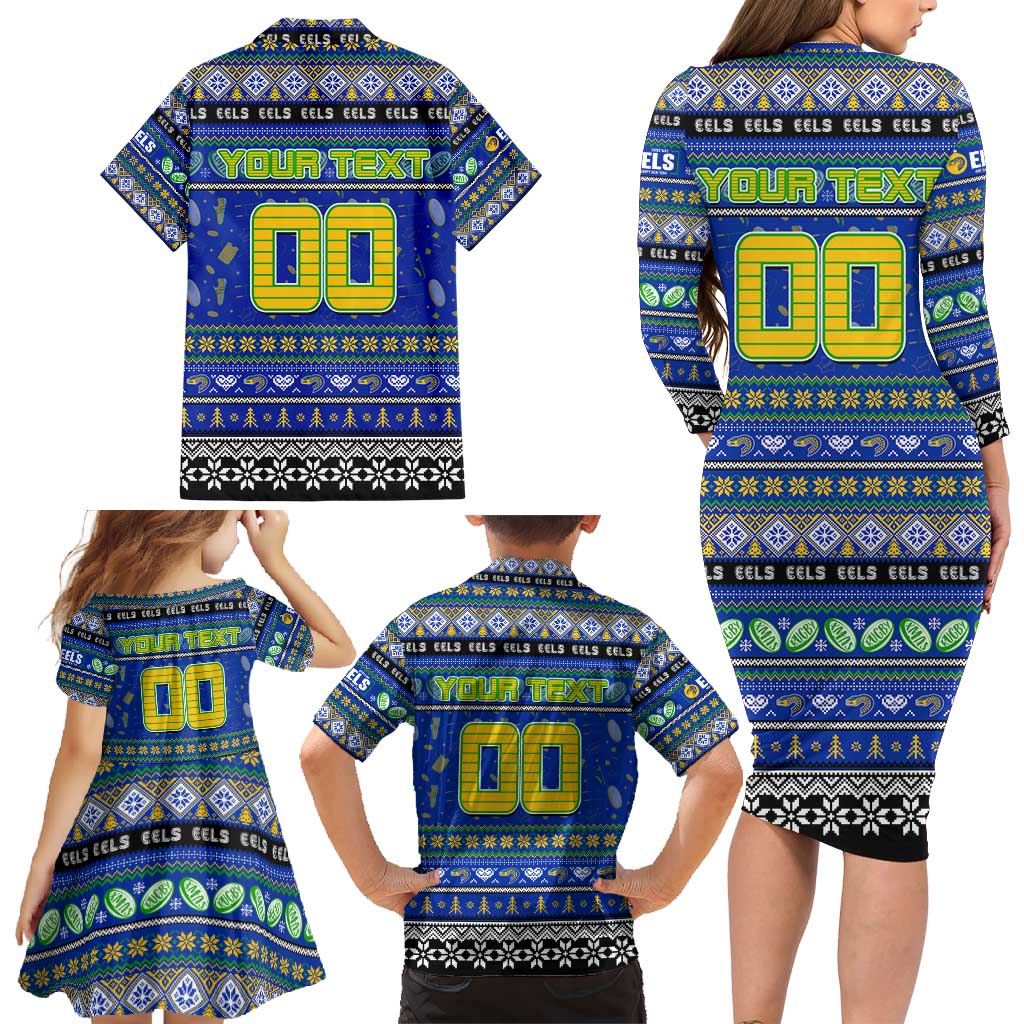 Personalized Eels Rugby Xmas Family Matching Long Sleeve Bodycon Dress and Hawaiian Shirt Australia NRL Mascot
