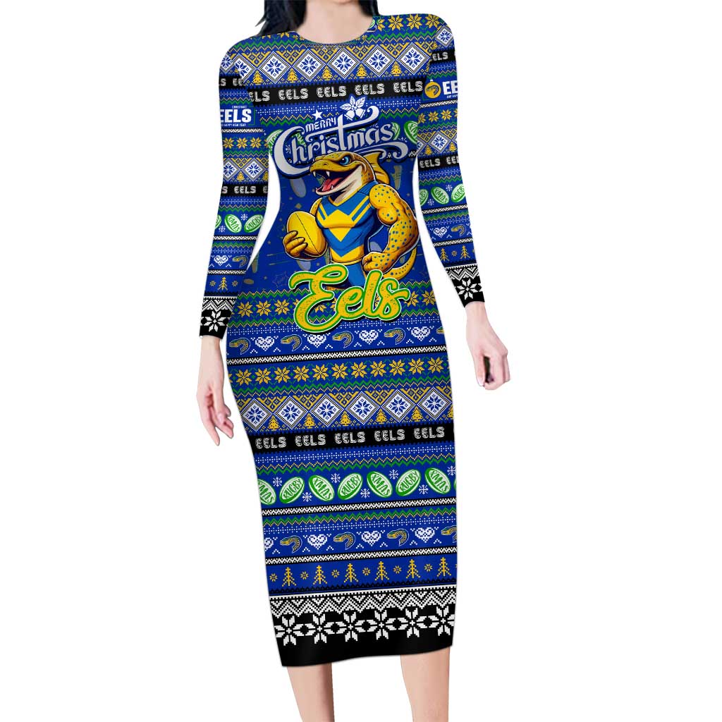 Personalized Eels Rugby Xmas Family Matching Long Sleeve Bodycon Dress and Hawaiian Shirt Australia NRL Mascot