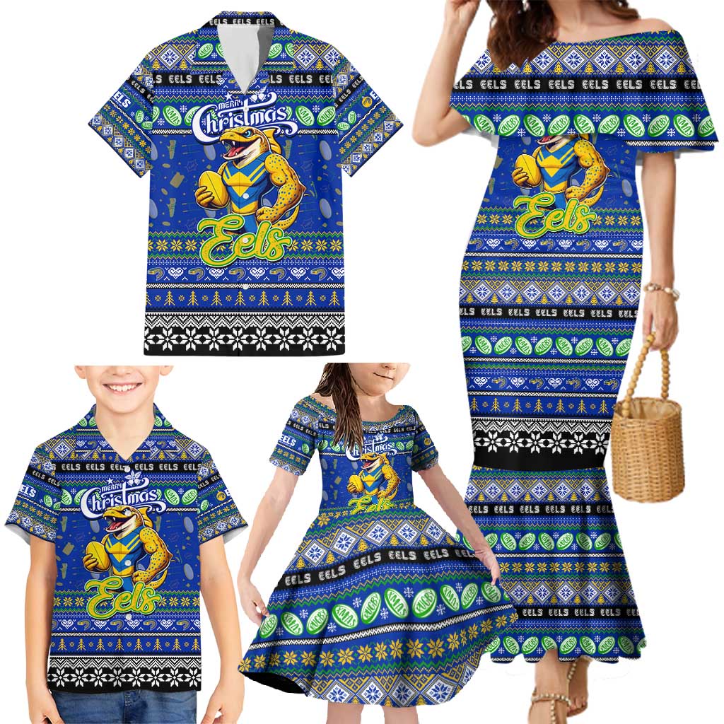 Personalized Eels Rugby Xmas Family Matching Mermaid Dress and Hawaiian Shirt Australia NRL Mascot