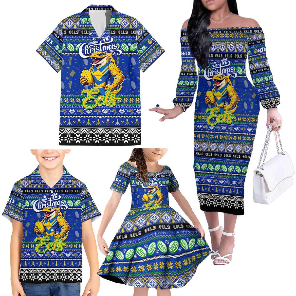 Personalized Eels Rugby Xmas Family Matching Off The Shoulder Long Sleeve Dress and Hawaiian Shirt Australia NRL Mascot