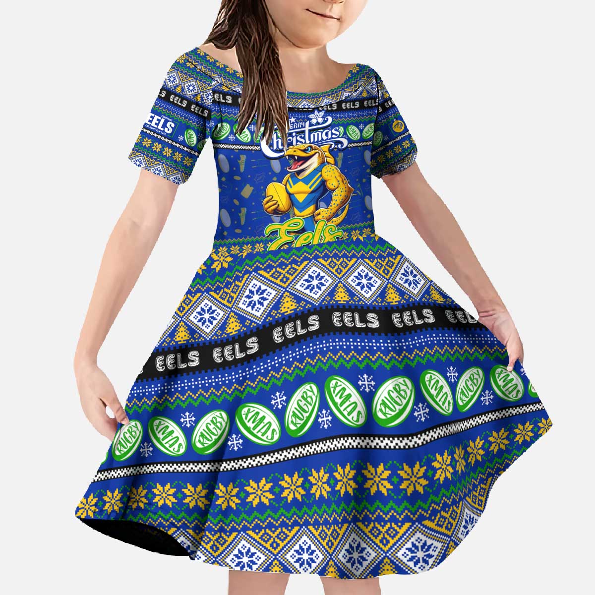 Personalized Eels Rugby Xmas Family Matching Off The Shoulder Long Sleeve Dress and Hawaiian Shirt Australia NRL Mascot