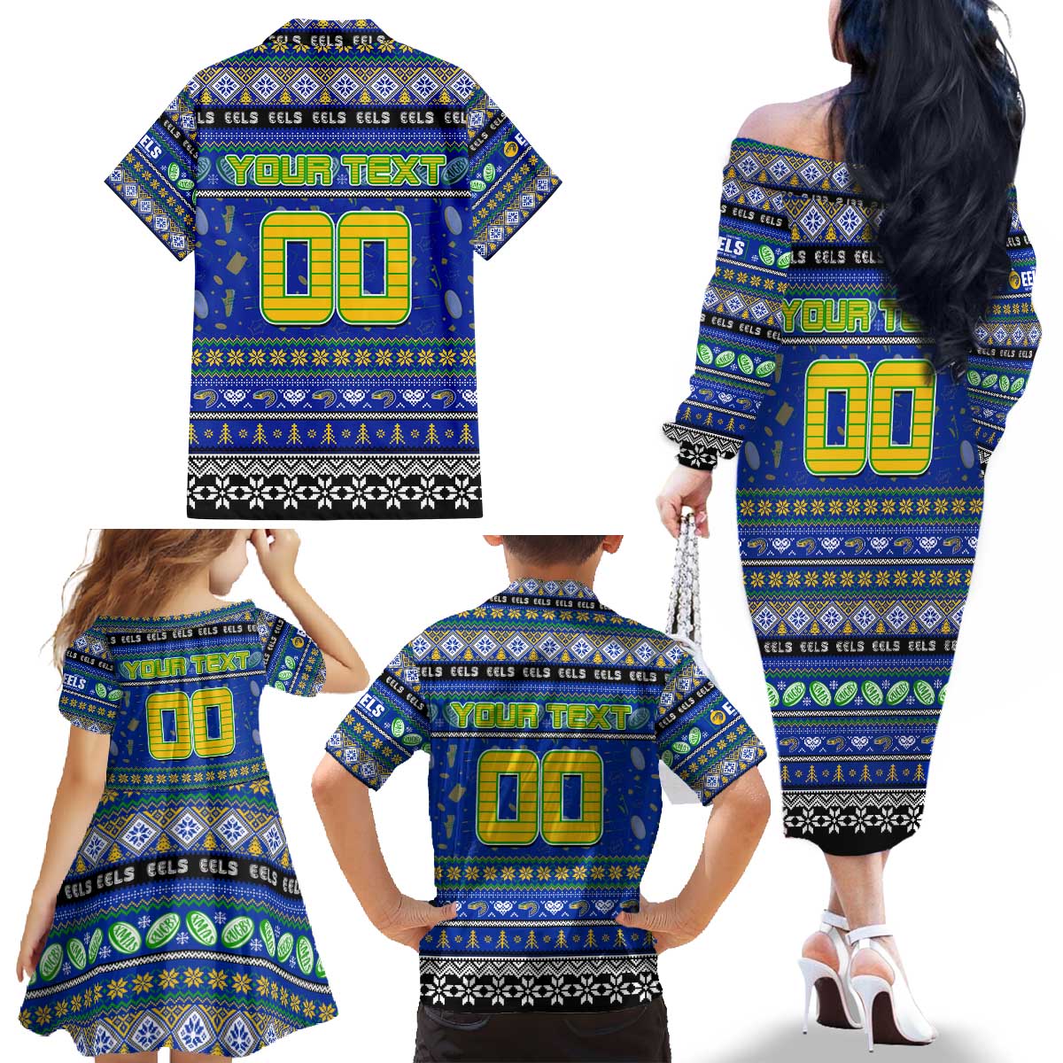 Personalized Eels Rugby Xmas Family Matching Off The Shoulder Long Sleeve Dress and Hawaiian Shirt Australia NRL Mascot