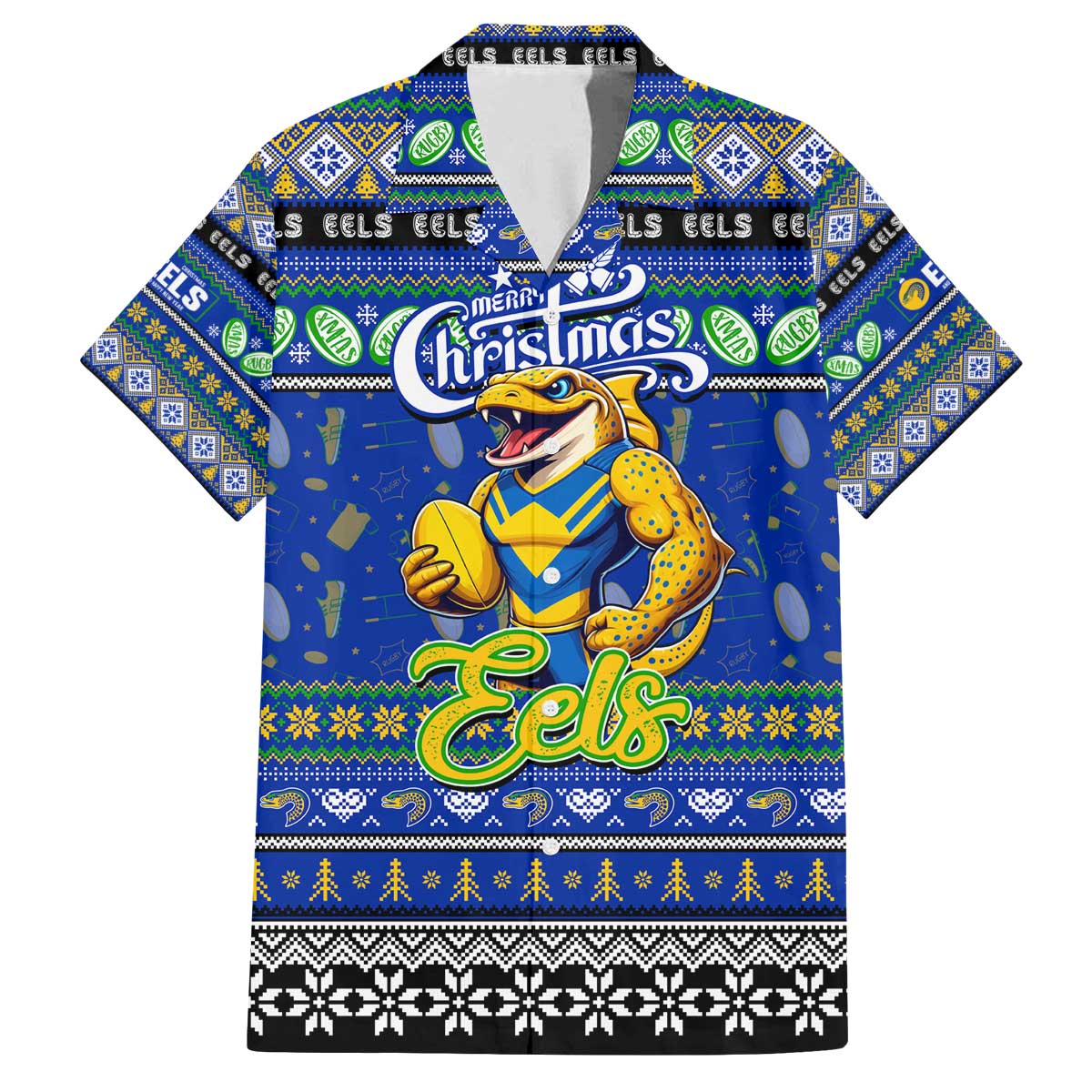 Personalized Eels Rugby Xmas Family Matching Off The Shoulder Long Sleeve Dress and Hawaiian Shirt Australia NRL Mascot